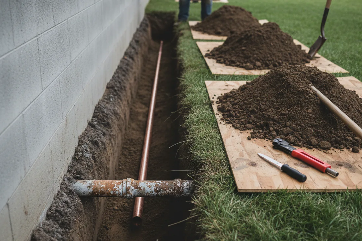 Excavated water line trench during Water Heater Repair in Thomas